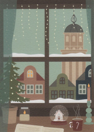 Kerstkaart Deventer - Besneeuwd raam & Lebuinus X6