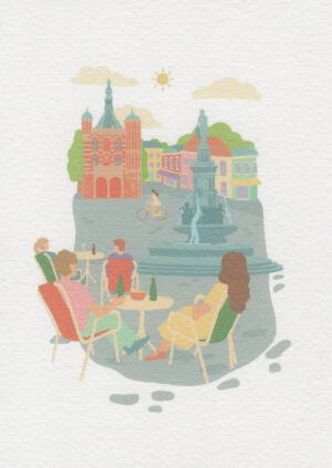 Postkaart Jolie's 06 - Terrasje op de Brink, met de fontein & de Waag X12